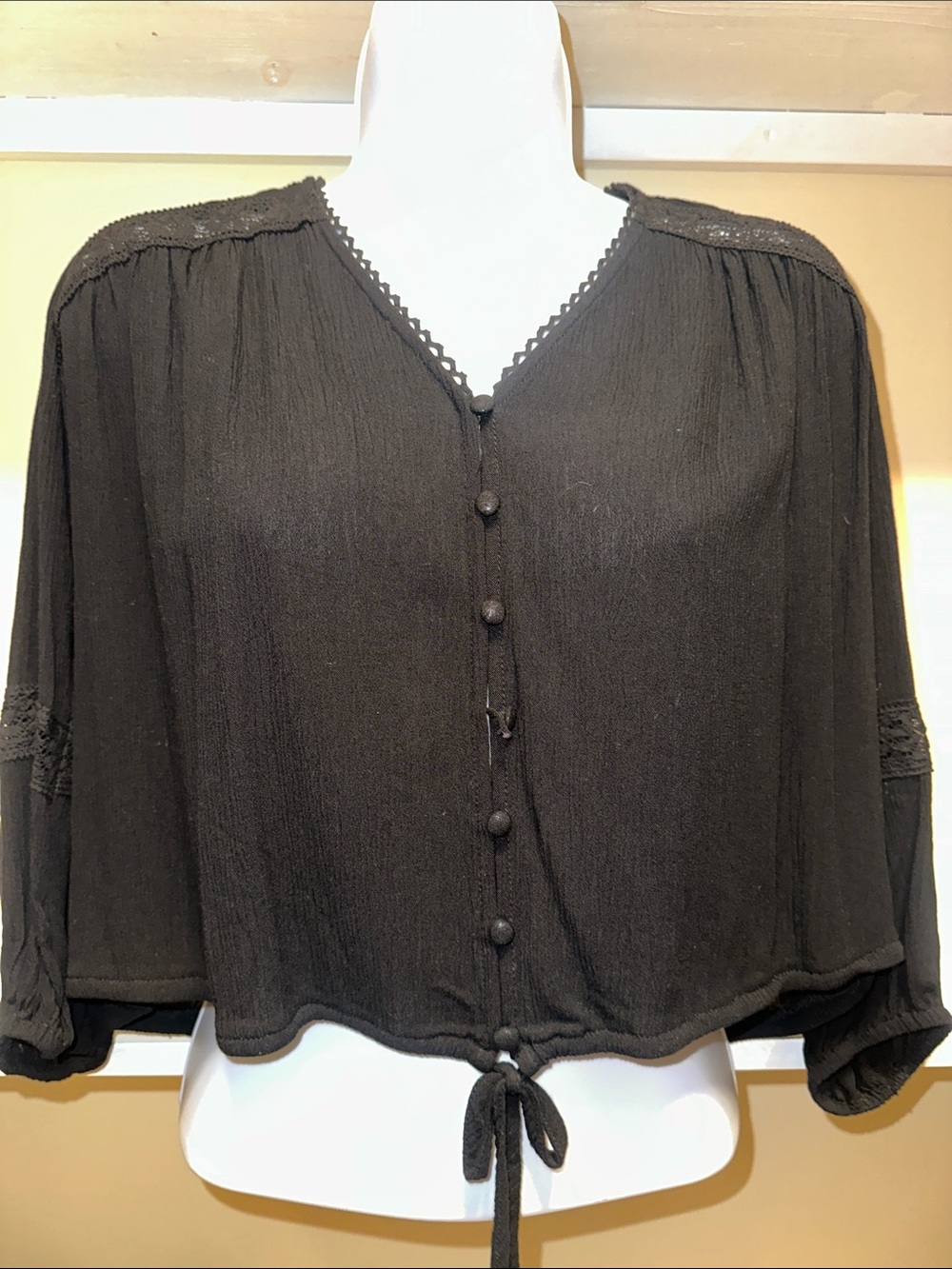 Forever 21 Black Button-Front Tie-Hem Blouse with Crochet Trim